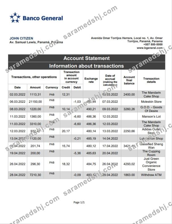 Panama Banco General bank statement